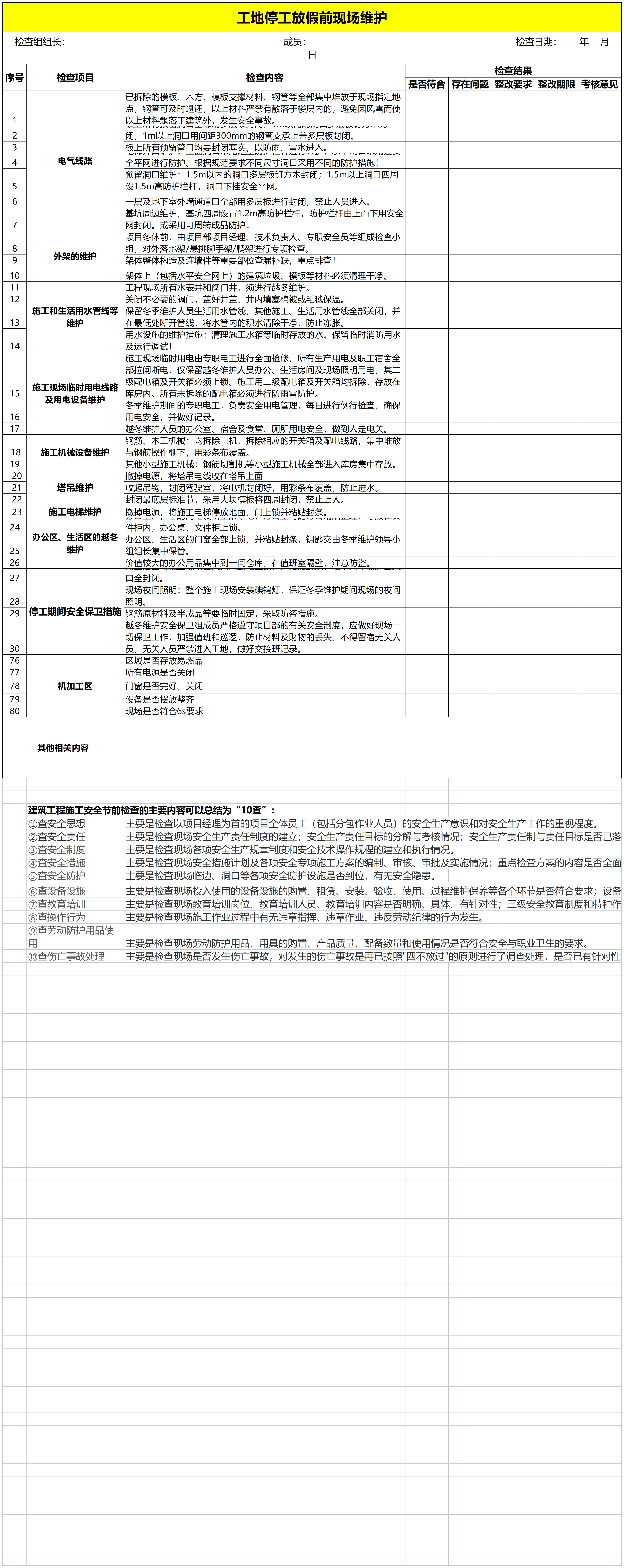各类春节前安全检查表汇编_工地停工放假前现场维护