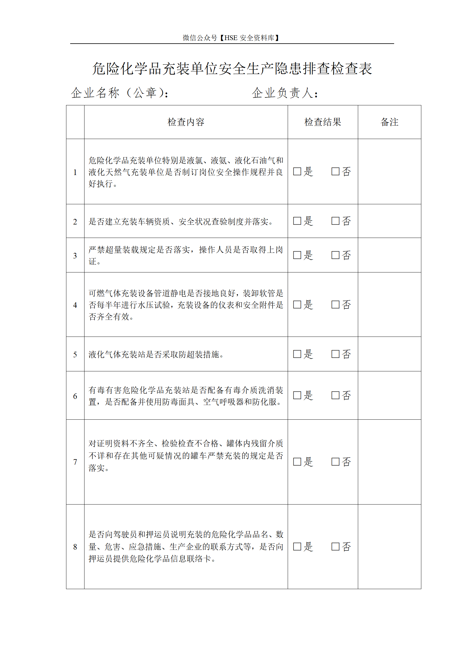 危险化学品充装单位安全生产隐患排查检查表_01